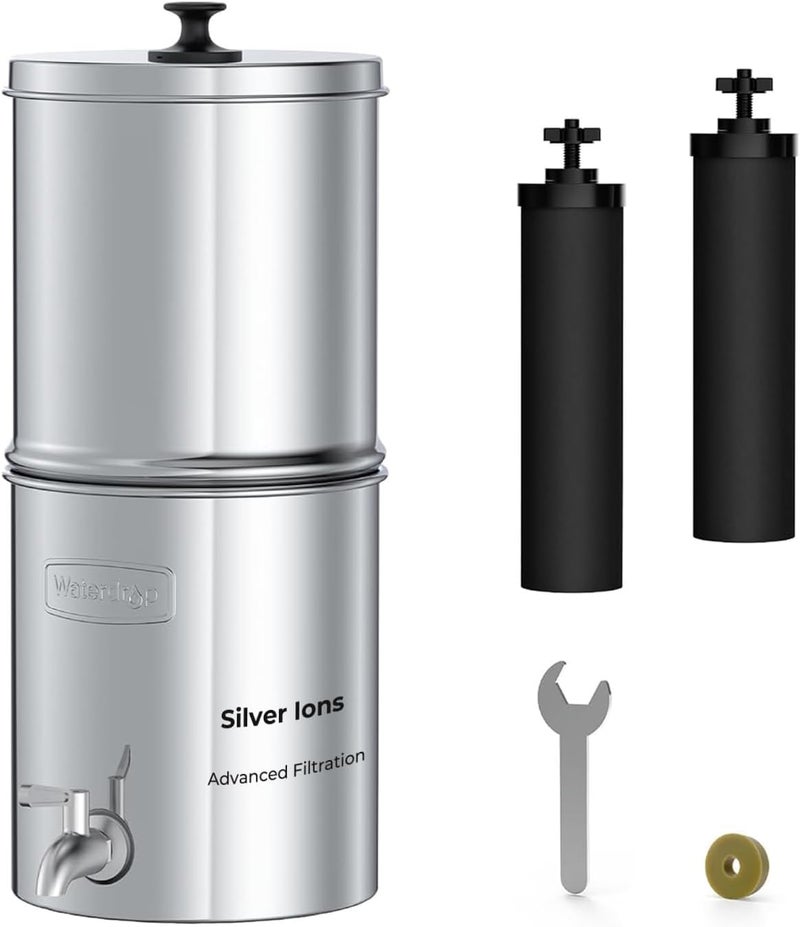 Waterdrop Gravity Water Filter, 2.25G Stainless-Steel System with Silver Ions Enhanced Filtration with 2 Black Carbon Filters, NSF/ANSI 42&372 Standard, Reduces Chlorine for Emergencies - Image 1